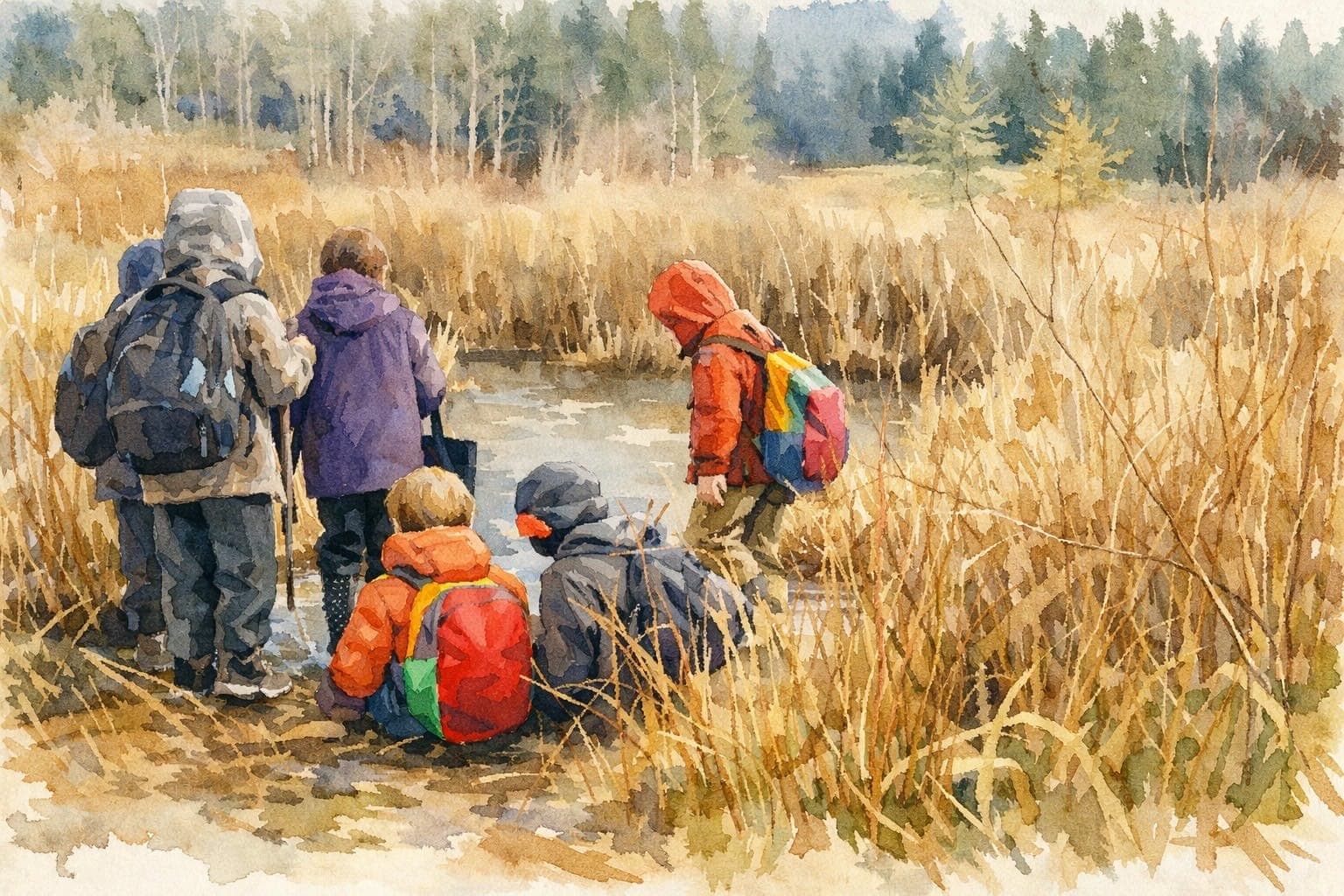 Watercolor of children exploring a wetland in autumn